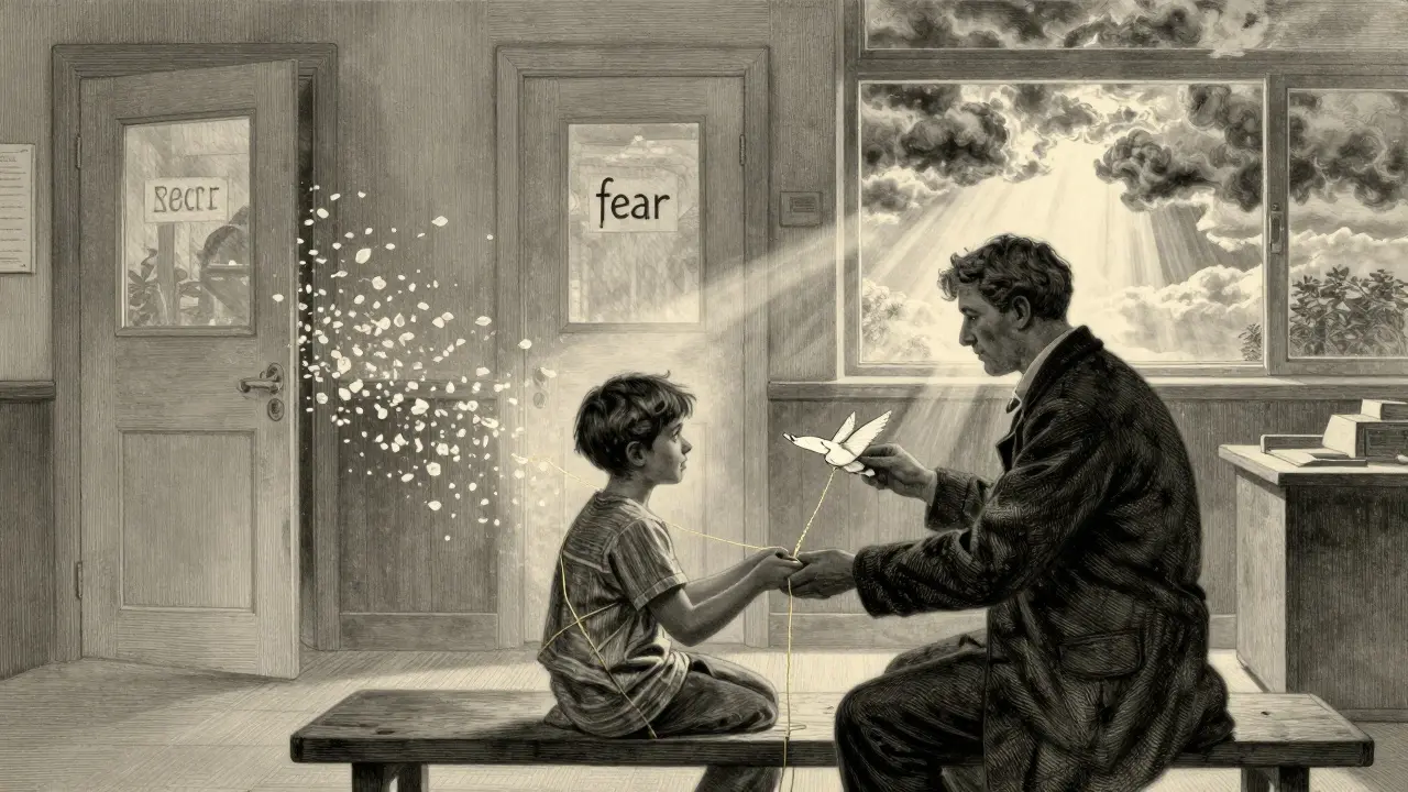 Terapeut a dítě sedí spolu, z nich vyrůstá jemné světlo, za nimi se otevírají dveře školy jako květy.