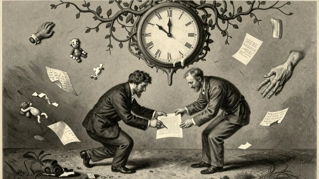 Terapeut a klient podepisují smlouvu, kolem nich plují kousky jejich života ve stínu světla.