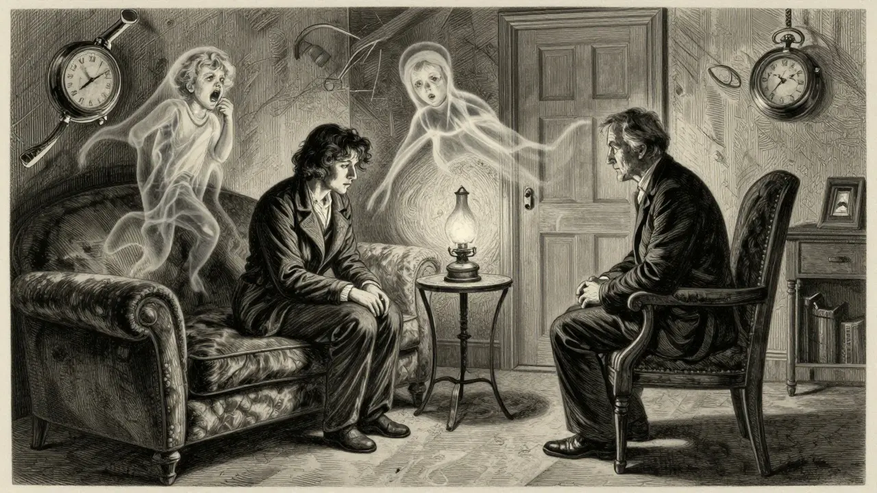 Terapeut a klient v klidné místnosti, kolem nich se vznášejí průzračné vzpomínky.