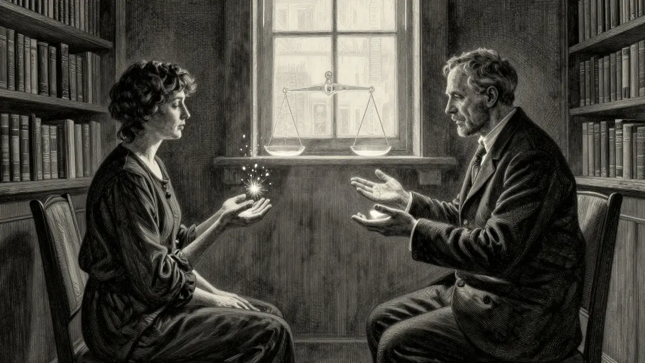 Terapeut a klient v pokoji osvětleném jedním paprskem světla, mezi nimi průhledná škála s vystupujícími jiskrami pokroku.