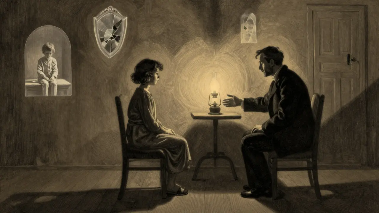 Terapeut a klient v tiché místnosti, osvětlení lampou, s průhlednými vzpomínkami na stěnách.