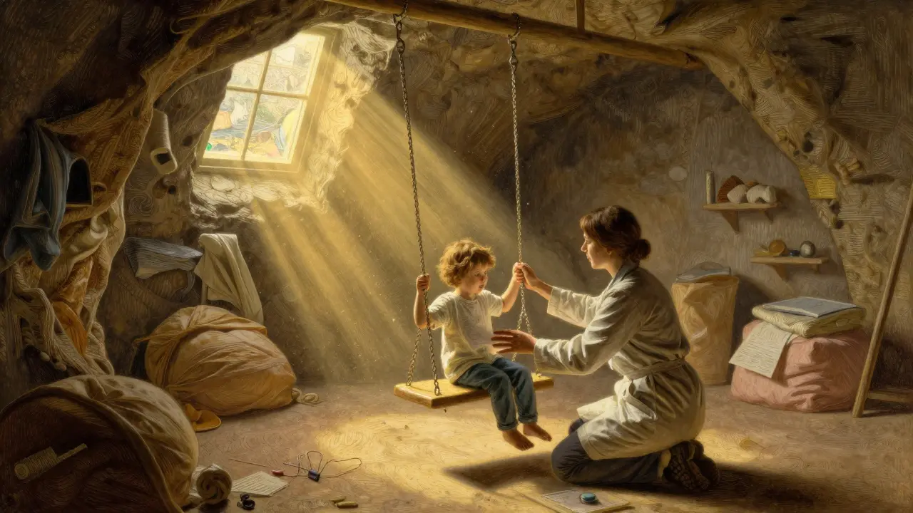 Terapeut pomáhá dítěti na houpačce v klidném, osvětleném prostředí s texturovanými povrchy.