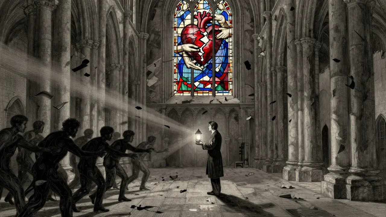 Terapeut ve velkém katedrálním chodbě, stíny klientů se k němu táhnou.