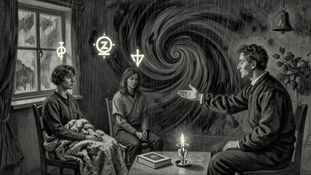 Terapeut vede klienta k zemnění během bouřky, s viditelnými pěti smysly jako zářící symboly.