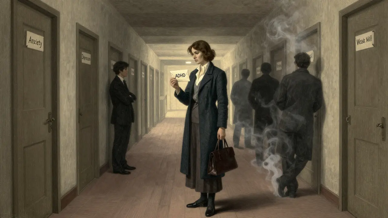 Žena stojí v dlouhém chodbě s uzavřenými dveřmi, drží dopis s nápisem ADHD, zatímco ostatní se obrací zády.