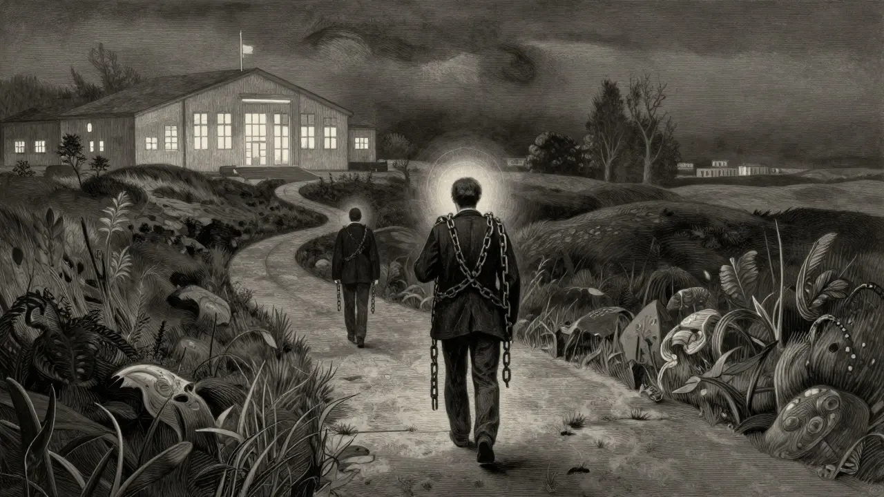 Cesta k léčebně v bouři, kde někdo následuje druhého, aniž by se snažil vytáhnout.