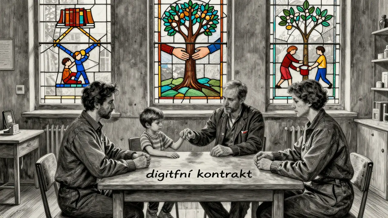 Dítě a rodiče spolu s terapeuty podepisují digitální kontrakt při světle z vitráží s motivy přírody a kontaktu.