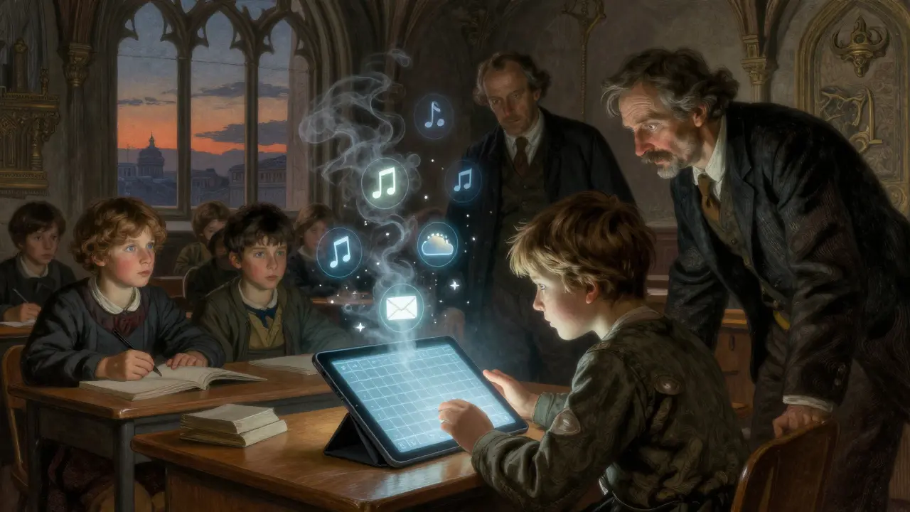 Dítě používá pokročilý komunikační nástroj ve třídě, zatímco symboly plavou ve vzduchu.