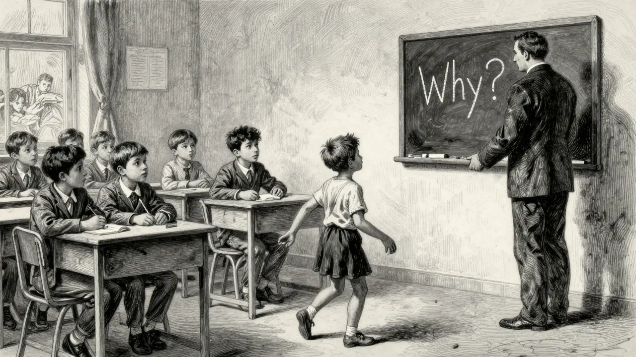 Dítě s PAS chodí po špičkách ve třídě, učitelka je zmatená, ostatní děti se dívají.