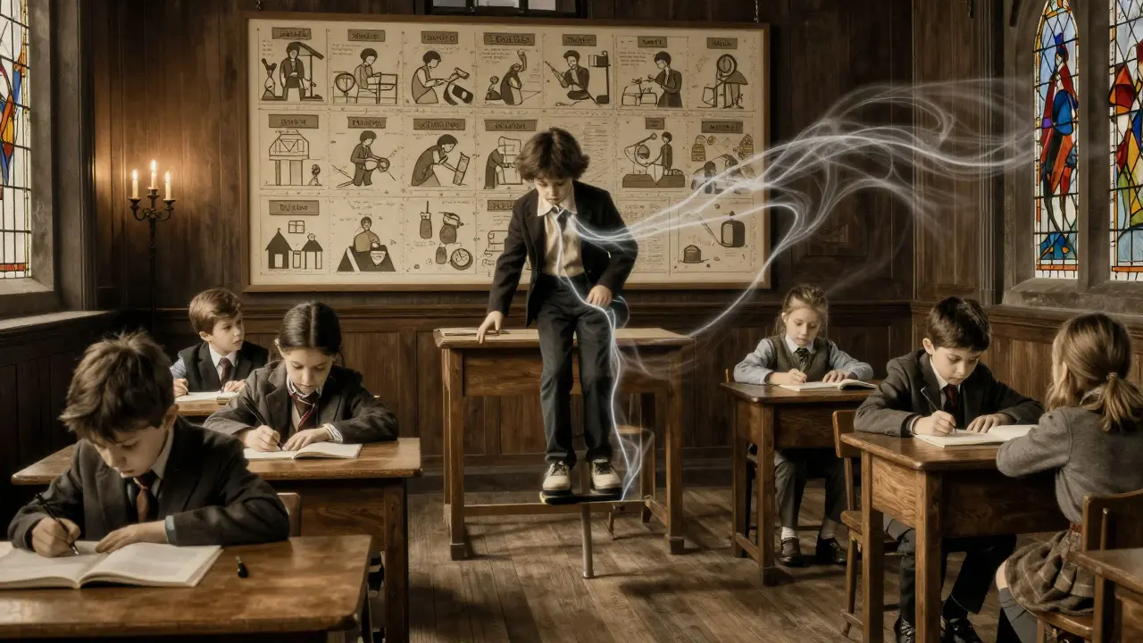 Dítě stojí u vysokého stolu a pohybuje se, zatímco spolužáci pracují, vizuální plán na zdi.