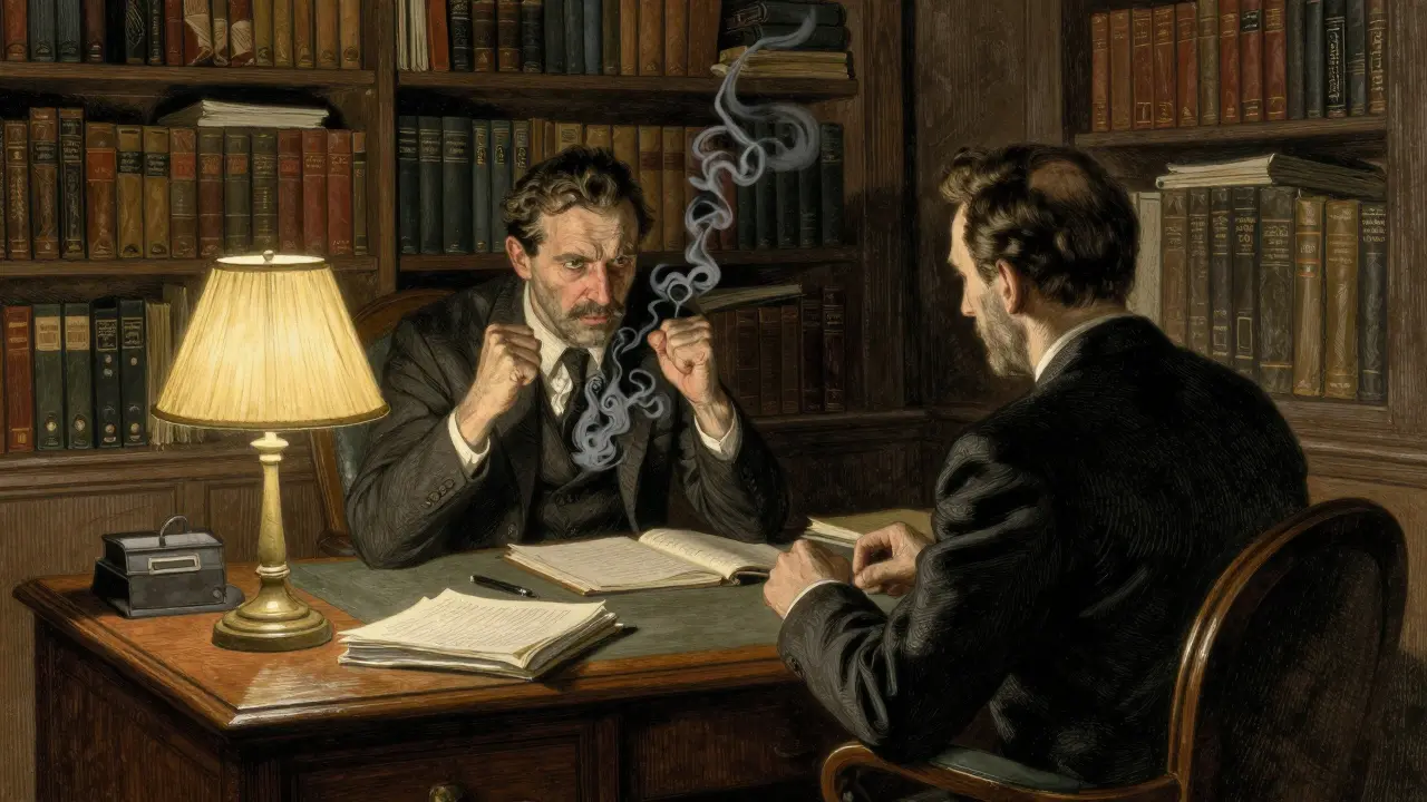 Dospělý muž v kanceláři s temnými myšlenkami vznášejícími se nad ním.