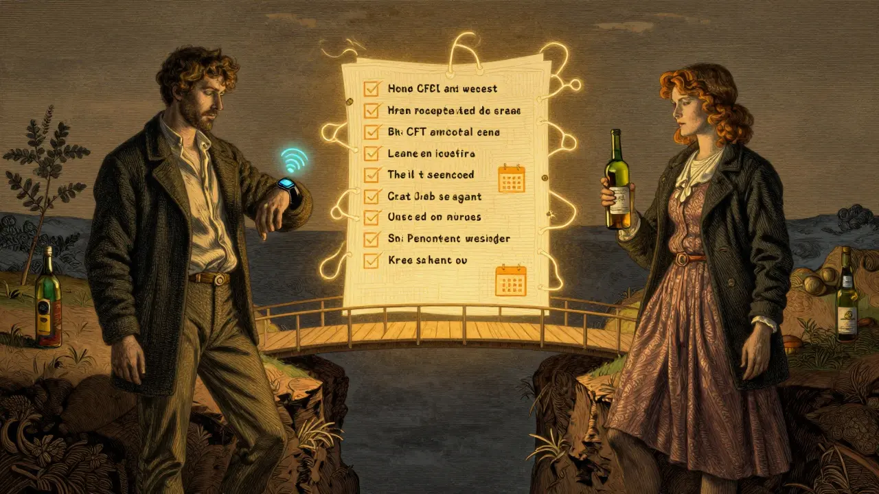 Dva lidé na koncích propasti, mezi nimi most z vizuálních nástrojů, který spojuje závislost s léčbou ADHD.