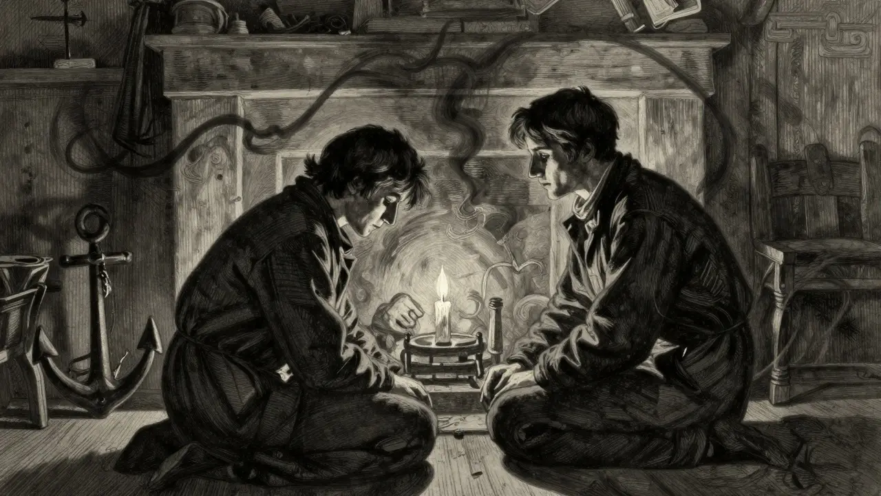 Dva lidé sedí v klidu u krbu, jeden poslouchá, druhý se zatím skrývá v tísni.