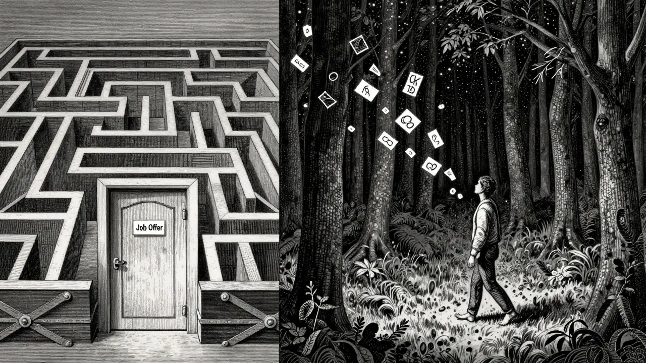 Dvě scény: jedna s kovovým bludištěm, druhá s leskem hvězd — představují direktivní a nedirektivní přístup v kariérovém poradenství.