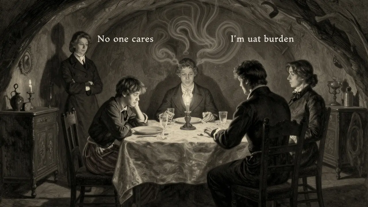 Family at dinner table in silent despair, each member isolated in shadow.