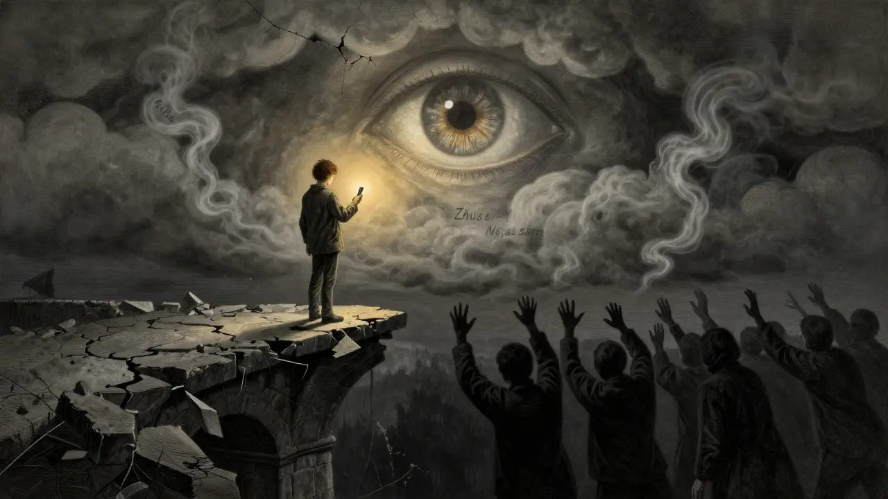 Mladý člověk na kraji mostu, zatímco AI oči pozorují z nebe, terapeuti jsou příliš daleko.