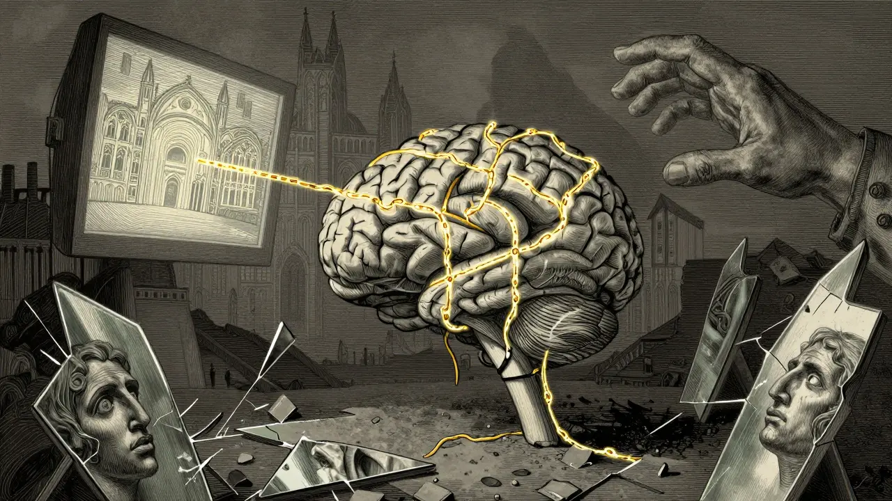 Mozeček jako zchátralý chrám, vázán řetězy světla k obrazovce, zatímco ruka se táhne k němu.