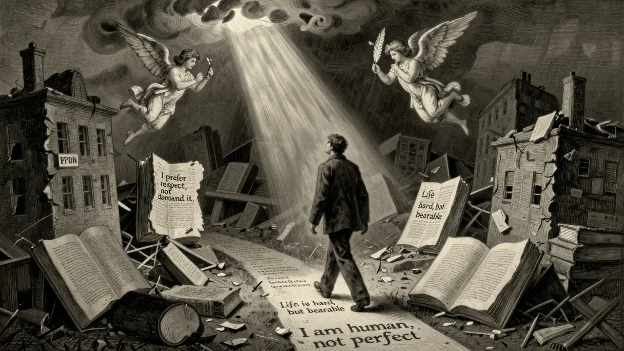 Muž kráčí přes zřícené město složené z knih s iracionálními myšlenkami, zatímco nad ním svítí slunce a píší se racionální přesvědčení.