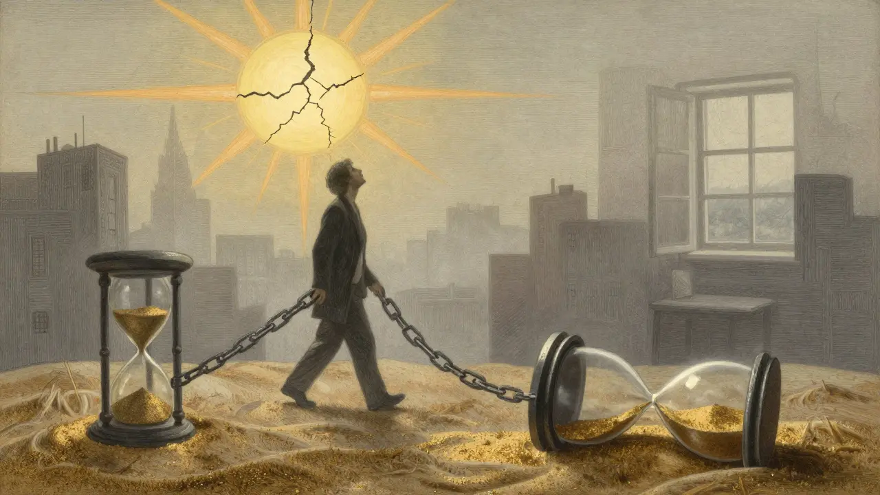 Osamělý člověk chodí v mlze ranního dne, řetězy padají z jeho těla, překlopená hodina s přeměněným pískem symbolizuje vnitřní změnu.