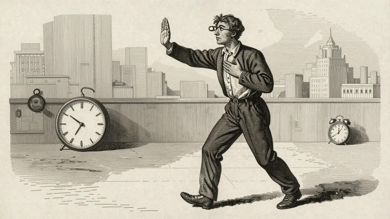 Osoba zastavující se, dýchající a pozorující okolí.