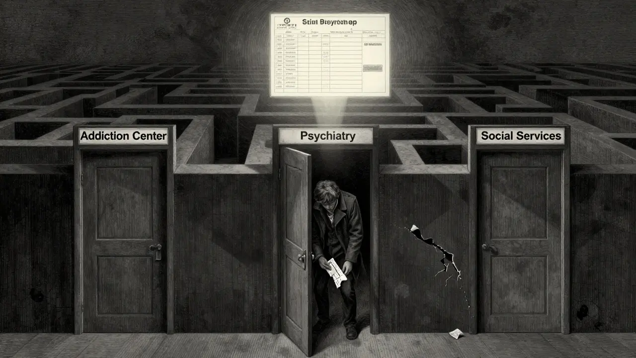 Pacient se ztrácí mezi oddělenými léčebnými institucemi, zatímco spojená péče září nade vším.