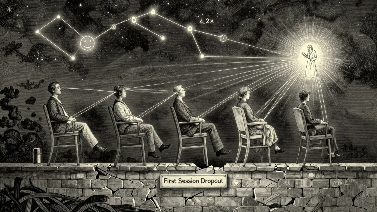 Pět klientů ve hvězdné obloze spojených zářivými nitkami s terapeutem, symbolizující trvalé zlepšení po pěti sezeních.