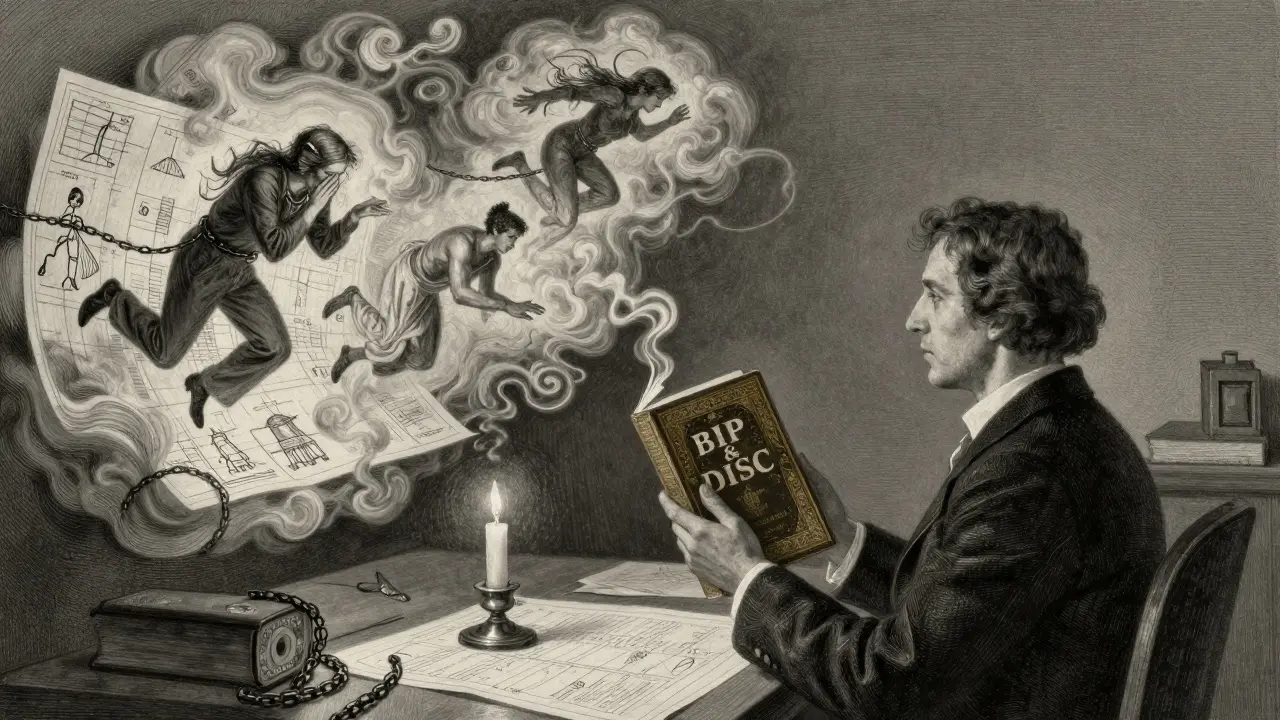 Poradce drží knihu s osobnostními testy, kolem něj plavou postavy v řetězech a ve volném letu — znázorňují různé typy klientů.