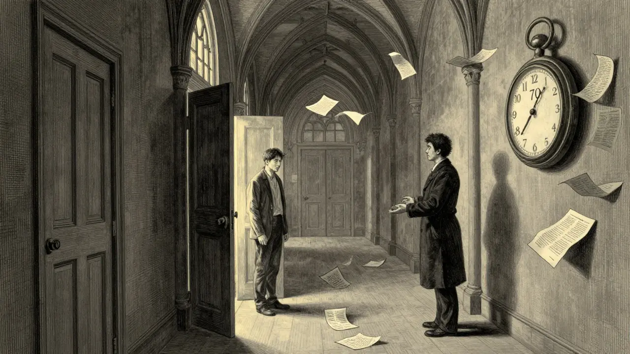 První sezení psychoterapie: klient stojí před otevřenými dveřmi terapeutovy místnosti, s hodinou ukazující 70 minut a větrem plným vzpomínek.