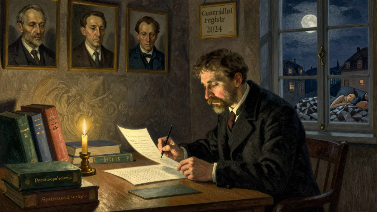 Psychoterapeut podepisuje certifikát v křehkém světle svíčky, kolem něj knihy a portréty předchůdců.