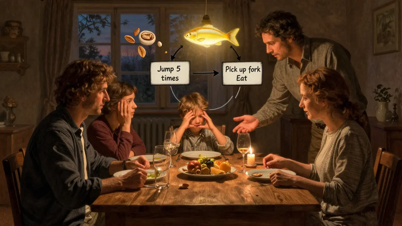 Rodina večeří, dítě se pohybuje podle návodu, ve vzduchu plavou rybí olej a ořechy.