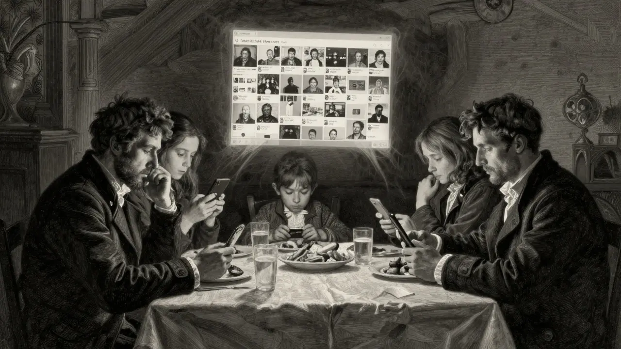 Rodina večeří, každý upřeně na svém zařízení, nad nimi visí prázdné obrazovky s nekonečným obsahem.