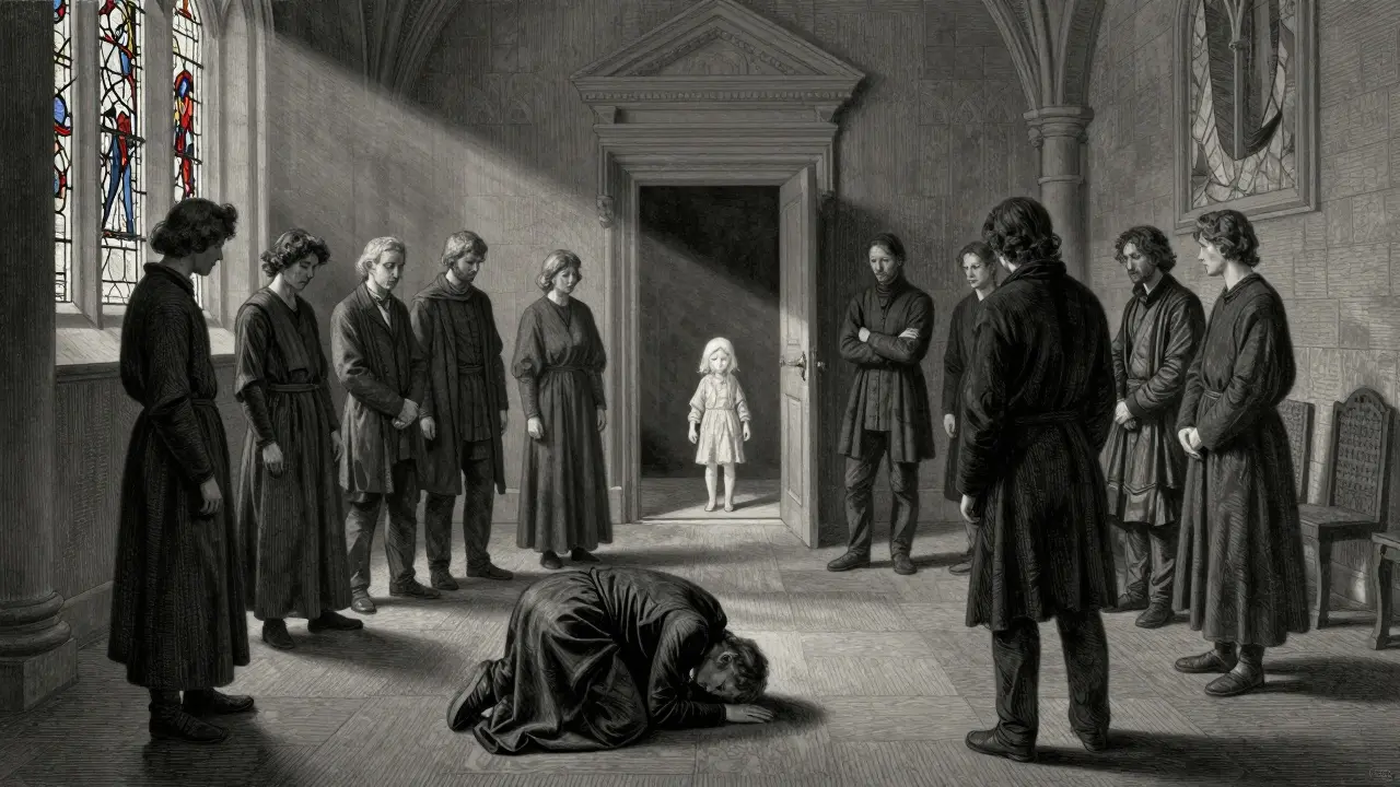 Skupina lidí ve vztahové terapii, jeden z nich padá, zatímco dítě stojí v dverích.