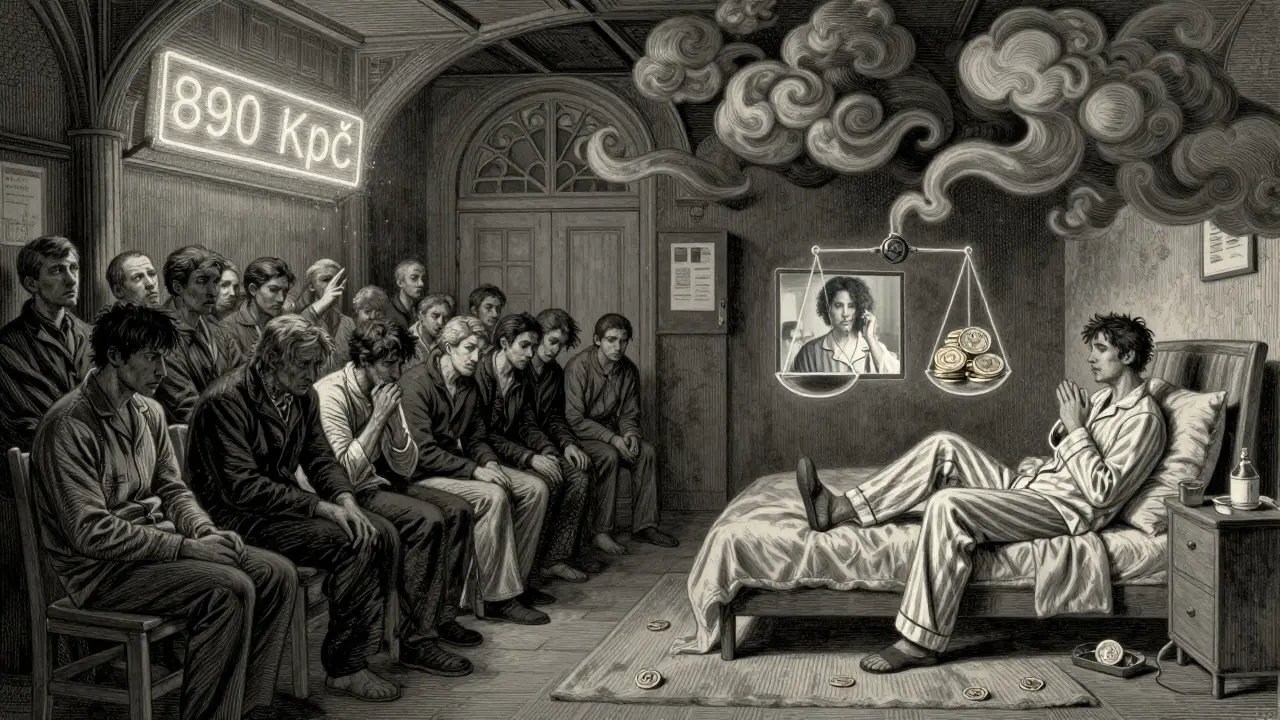 Srovnání osobní a online terapie: jedna strana s čekajícími lidmi, druhá s klidným domácím prostředím a cenovými značkami.