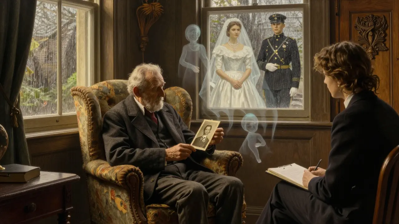 Starý muž drží fotografii, kolem něj plavou vzpomínky v záři večerního světla.