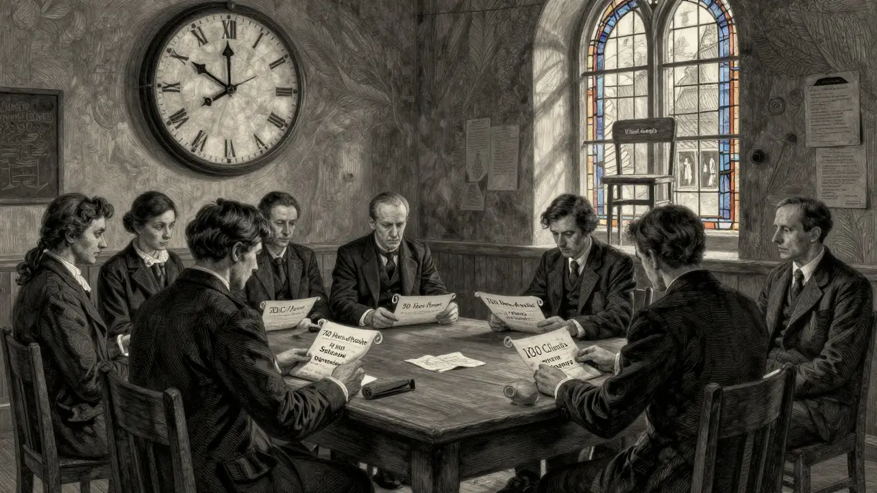 Studenti v temné učebně sledují hodiny praxe a supervize pod osvětleným hodinovým mechanismem.