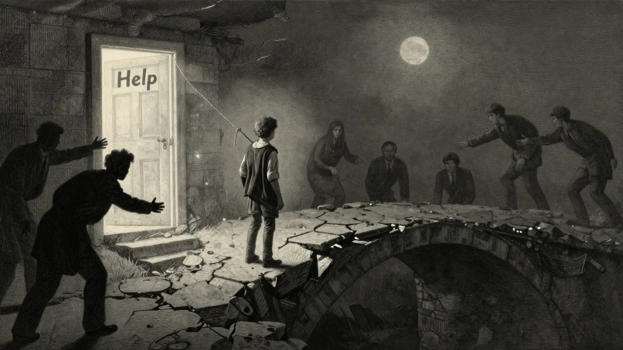 Teen on edge of crumbling bridge, reaching toward distant glowing door of help.