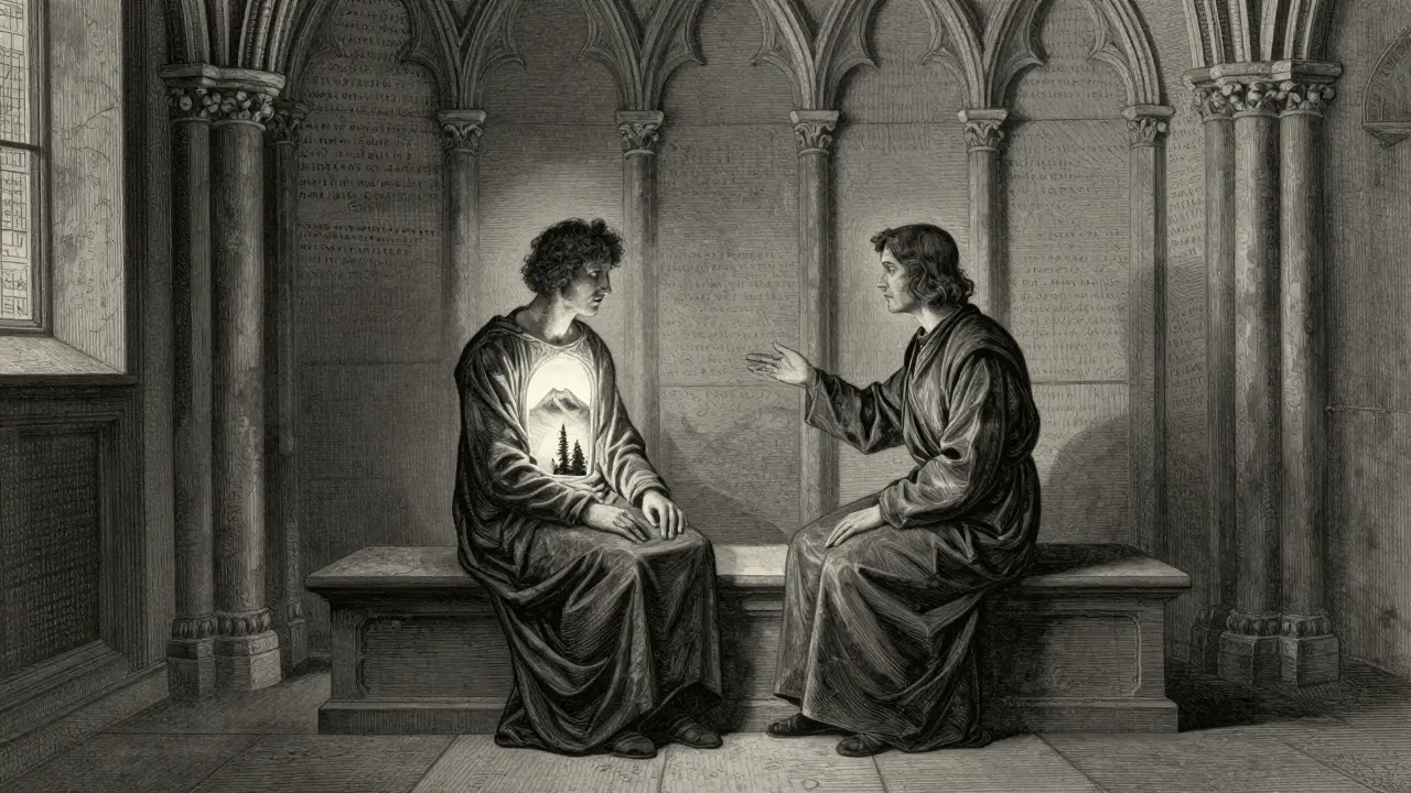 Terapeut a klient sedí v temné místnosti, kde z klientova těla vychází okno do přírody.