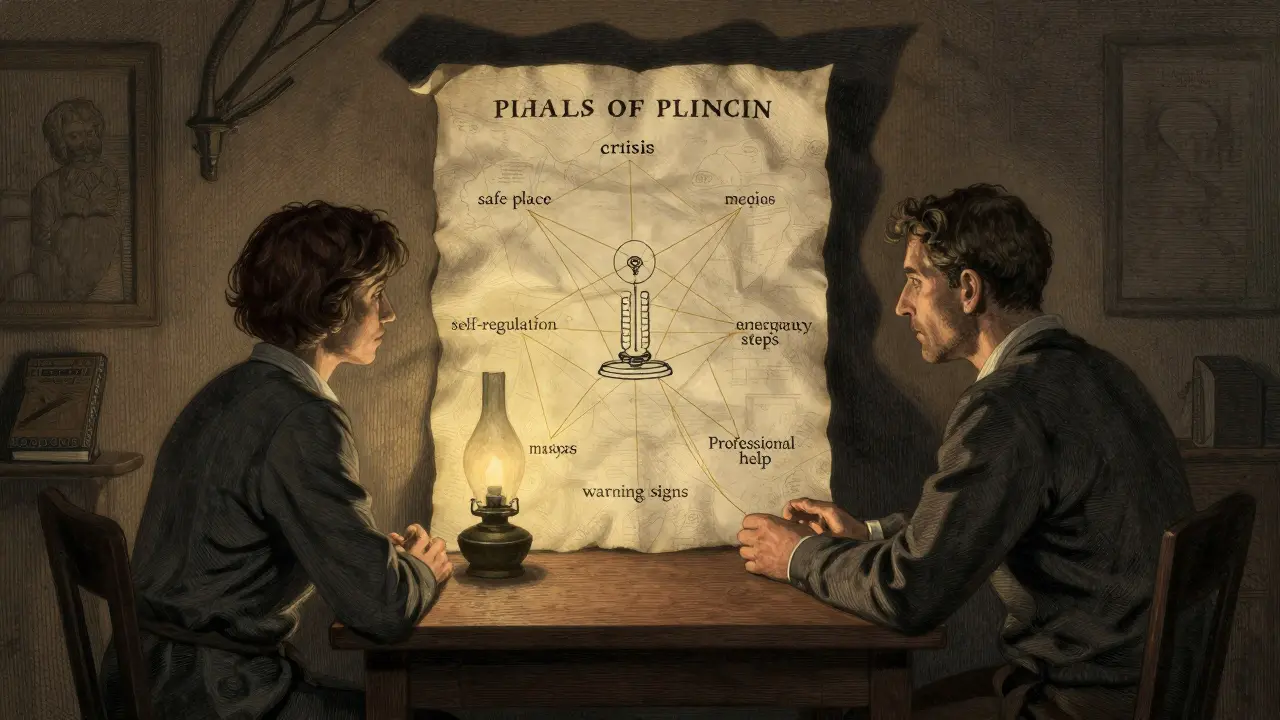 Terapeut a klient spolu vytvářejí krizový plán na papíře, který se proměňuje v mapu s klíčovými prvky.