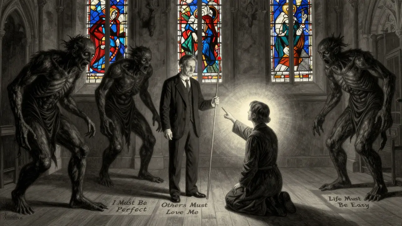 Terapeut ukazuje na tři groteskní postavy představující iracionální přesvědčení, zatímco klient klečí před ním.