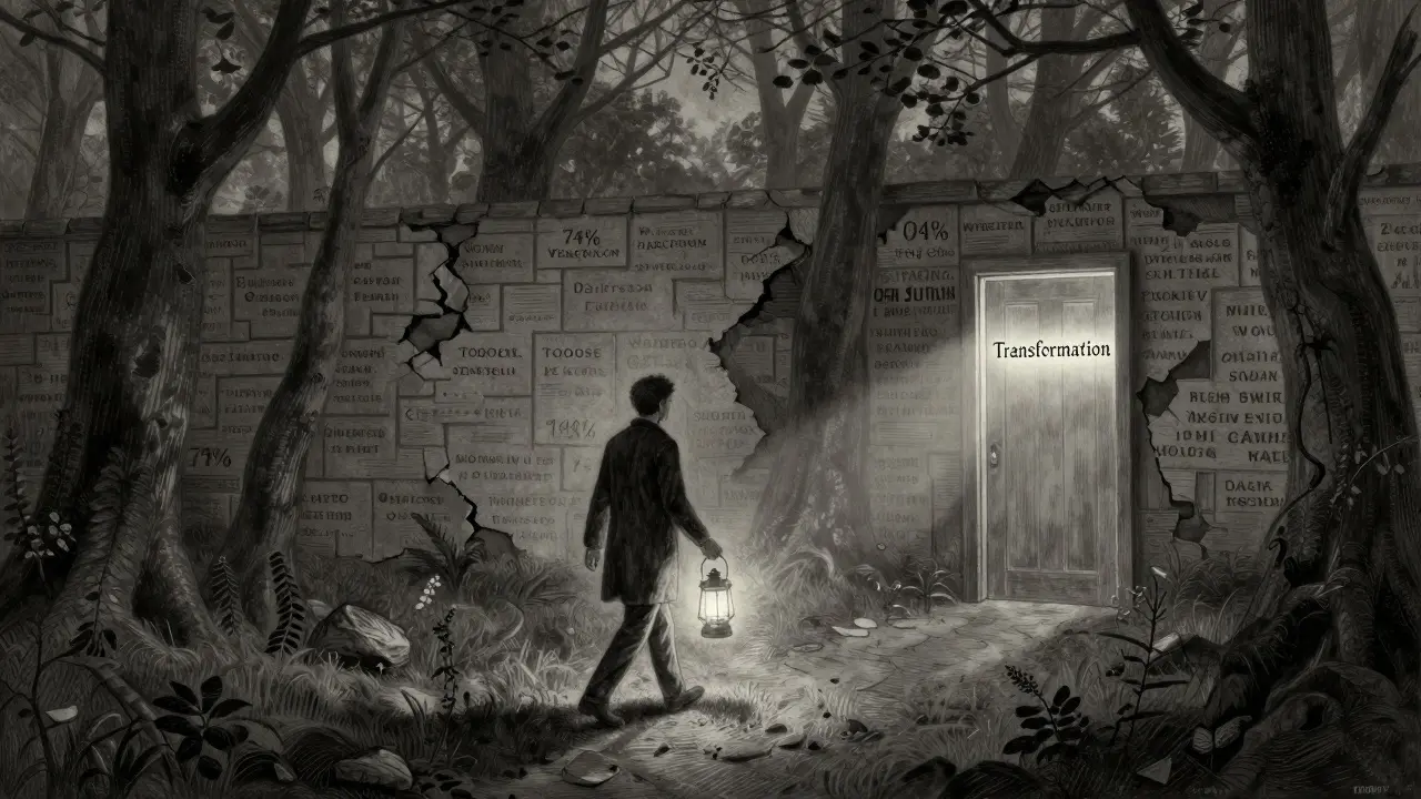 Terapeut ve mlhavém lese s lucernou, za ním zřícená zeď s názvy těch, kteří výcvik opustili.