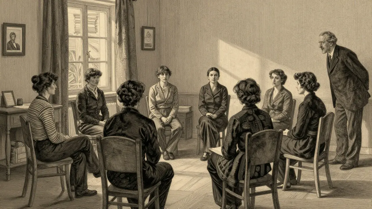 Terapeut ve výcviku vede skupinovou terapii s mentorovou pomocí.