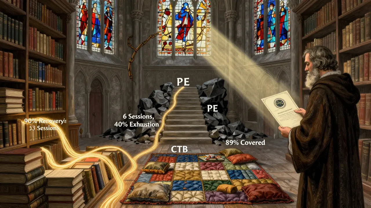 Tři cesty léčby traumatu jako architektonické cesty v katedrálním prostoru, každá s jiným symbolickým vzhledem a osvětlením.