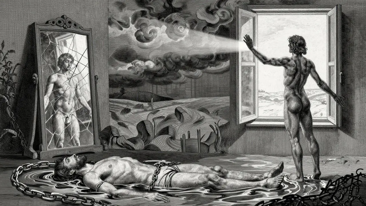 Tři fáze transformace: zanikající vnitřní prázdnota, přeměna v okno a konečné přijetí samoty.