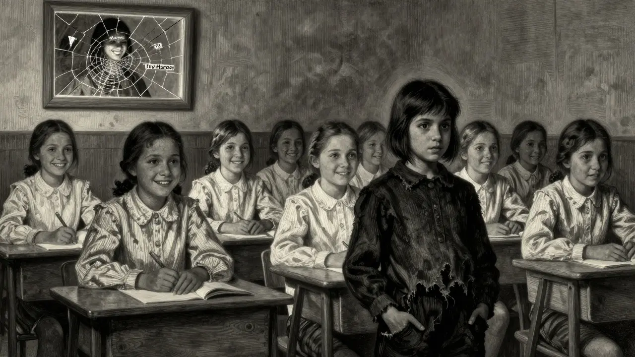 Třída dívek s jednou, která se snaží předstírat, zatímco její ruce třesou v kapse, ostatní vypadají identicky a uměle.