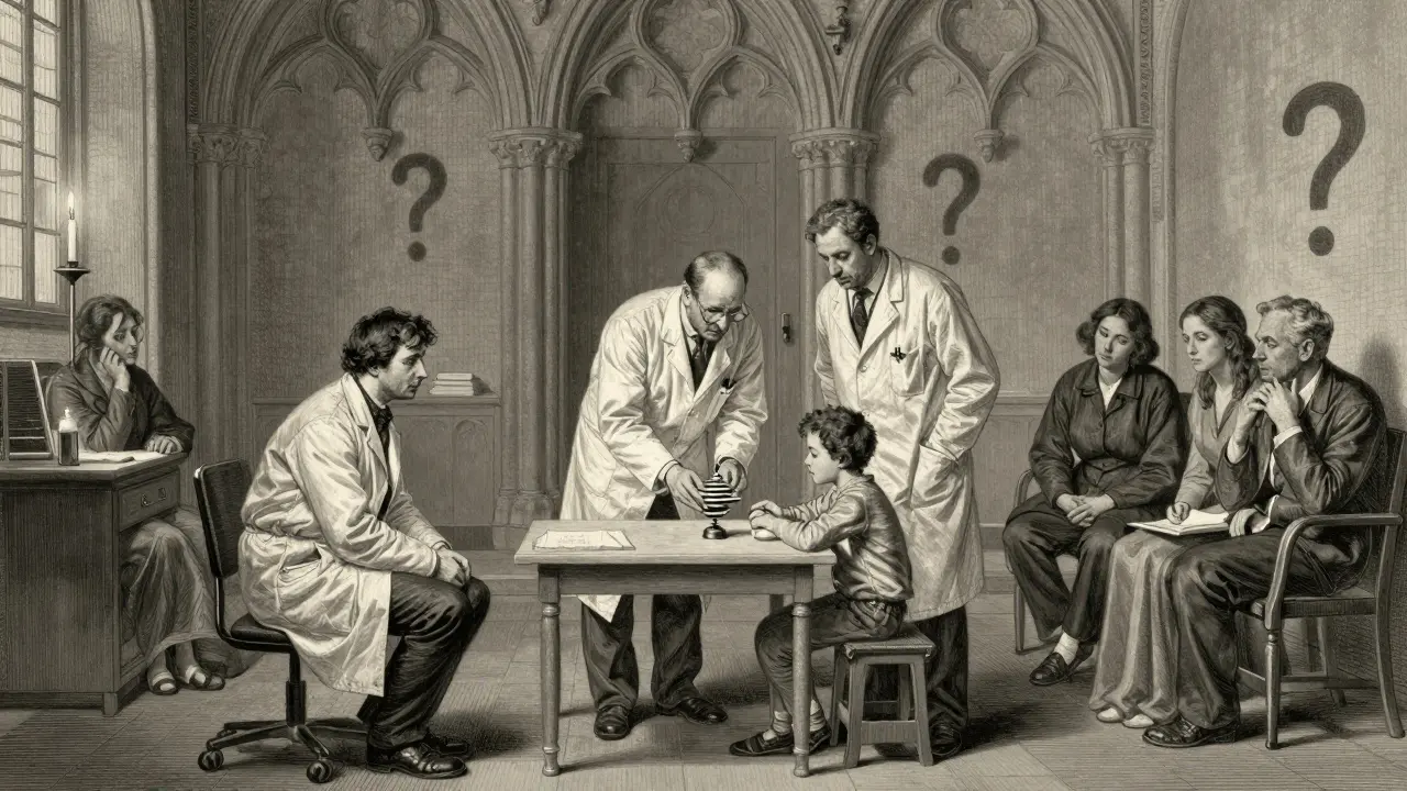 Tým odborníků diagnostikuje dítě v temné, gotické klinice, rodiče pozorují.