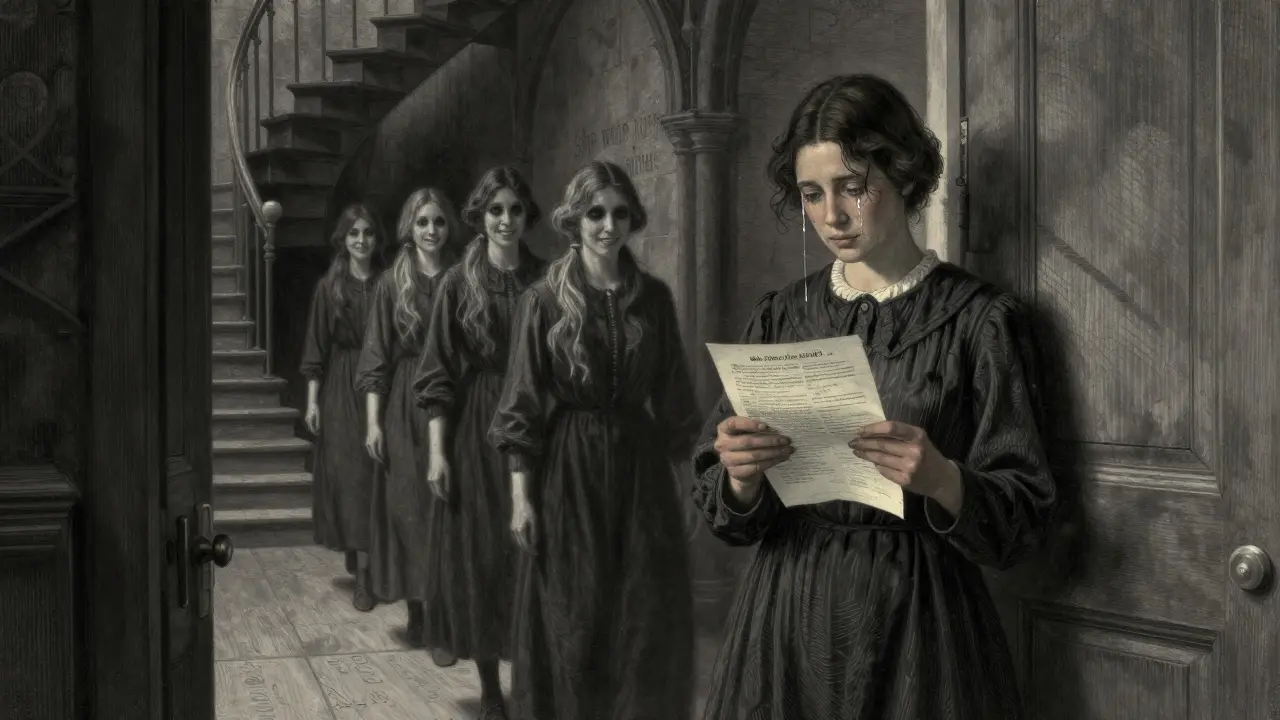 Žena drží diagnózu na prahu nemocnice, za ní stíny jejího mladšího já, každé s prázdnýma očima a nesmířeným úsměvem.