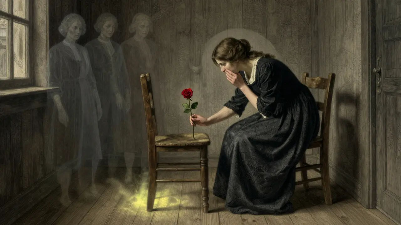 Žena pokládá růži na prázdný stůl, za ní se rozpouštějí stíny předků.