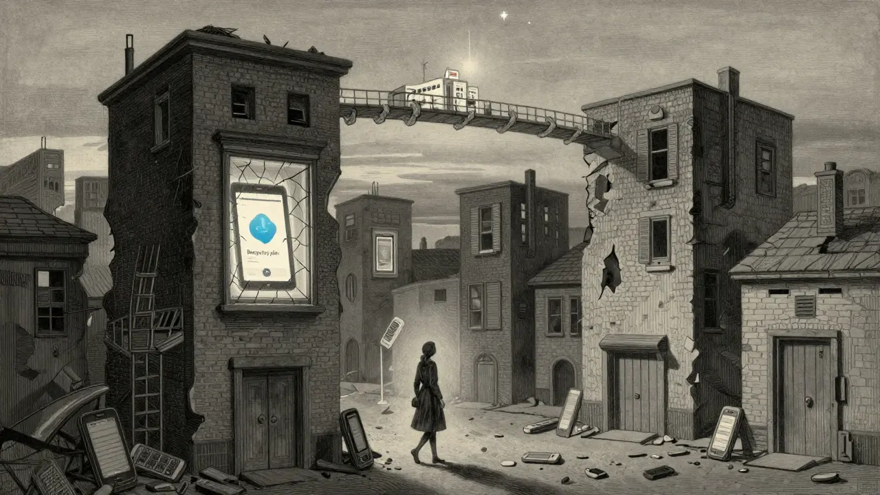 Žena prochází městem s havarujícími budovami, jedna z nich zobrazuje digitální krizový plán, nad nimi se tvoří most z rukou.