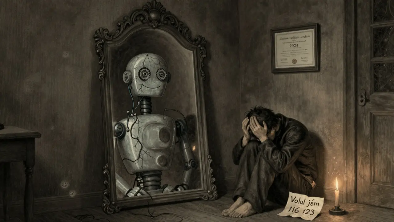 Zrcadlo odrazí robot, zatímco skutečný člověk sedí na zemi, vedle něj záchranná linka.