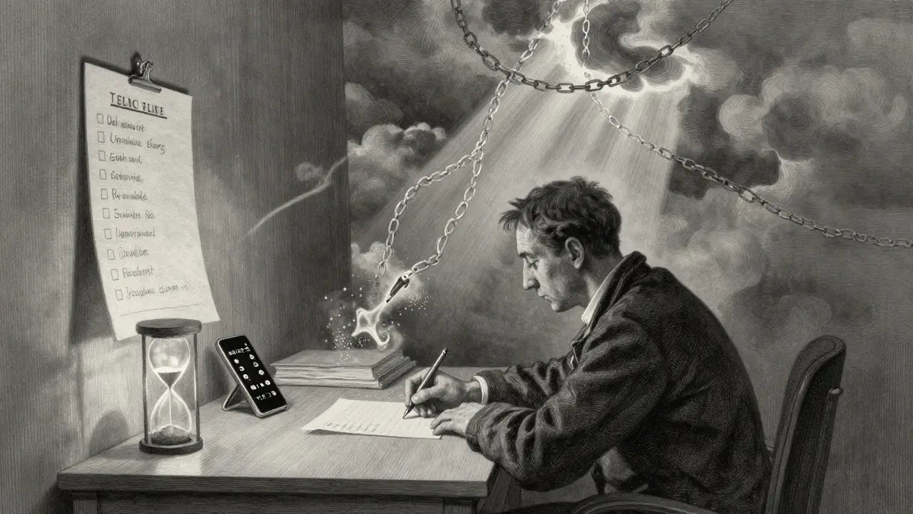 Čisté pracovní prostředí s kontrolním seznamem a připomínkami, symbolizující strukturu a pokrok.